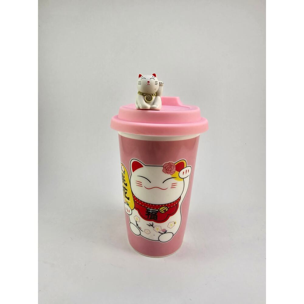 Lucky Cat Maneki Neko Ceramic Tall Drink Mug Cup With Silicone Lid